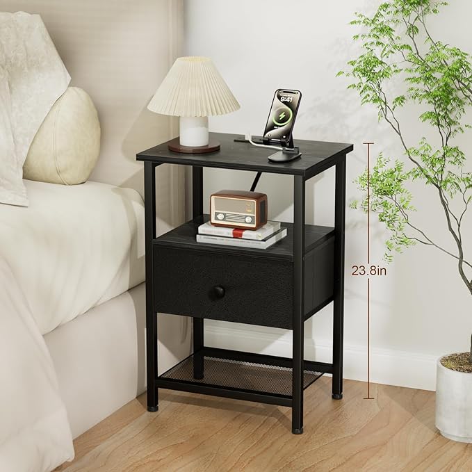 LOAKEKEL Night Stand, Nightstand with Charging Station, Slim Industrial Bedside Table with Fabric Drawer, Small End Table with USB & Type-C Ports for Bedroom, Black, HETS010BK-1