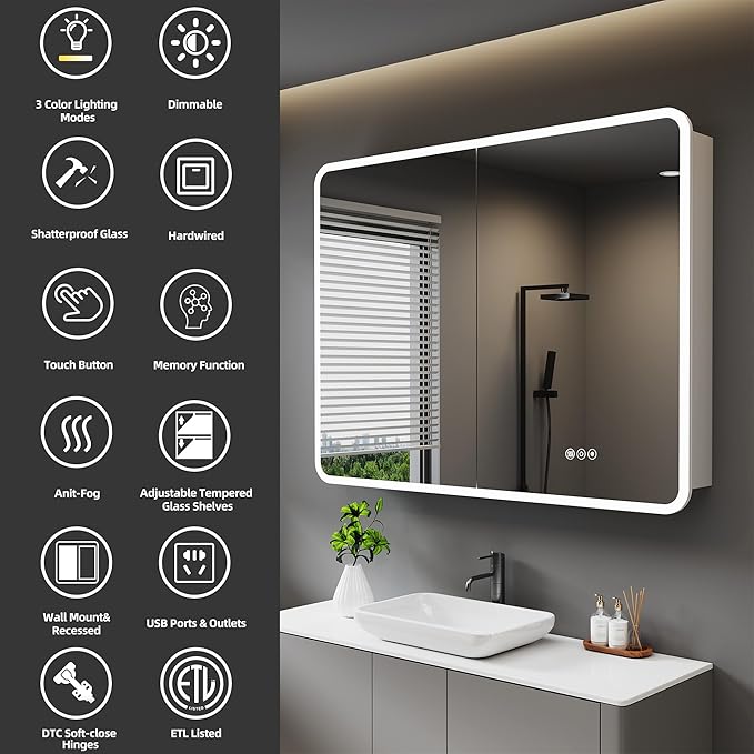 Medicine Cabinet with LED Lights and Mirror, 48 x 32 Inch Surface or Recessed Mounted Bathroom Cabinets with Door, Defogger, Memory Function, 3-Color Mode, Outlet&USB, Dimmer, Storage