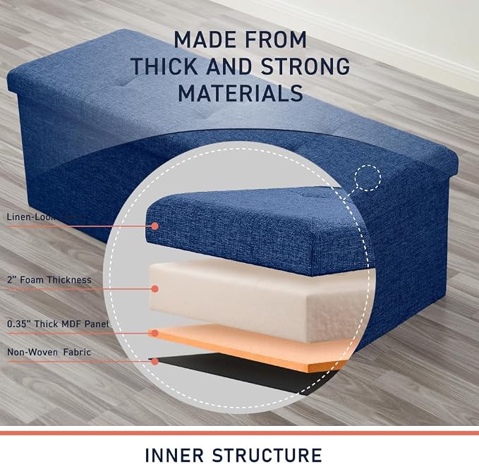 Ornavo Home Folding Storage Ottoman, 43 Inch Extra Large Storage Bench with Lid, Foot Rest Stool for Bedroom, Living Room, Entryway, Tufted Linen Upholstered - Navy Blue