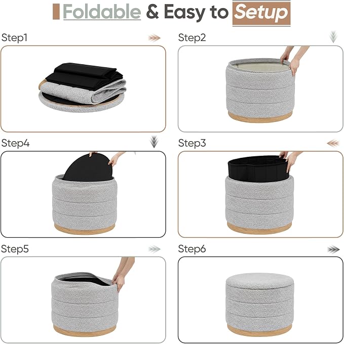 Round Storage Ottoman with Tray Lid, Folding Chenille Fabric Footrest with Hidden Storage, 22.8" Large Footstool Side Table for Dorm Living Room Bedroom, Wood Grain Base, Sliver Grey
