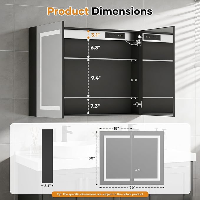 Bathroom Medicine Cabinet with Mirrors and LED Lights, 36x30 inch Bathroom Storage Cabinet, Double Doors Wall-Mounted Medicine Cabinet Organizer with Adjustable Shelves & Outlets (36x30 inch)