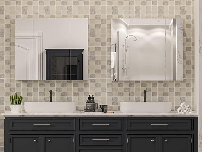 DICTAC Medicine Cabinet with Mirror & Storage - 27.6x23.6in Wall Mounted Cabinet with 3 Doors & Adjustable Shelves for Bathroom, Living Room, Kitchen - White