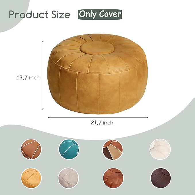 Thgonwid Unstuffed Moroccan Storage Pouf Foot Stool Ottoman Seat Handmade Faux Leather Bean Bag Floor Chair Foot Rest for Living Room, Bedroom or Balcony (Yellow)