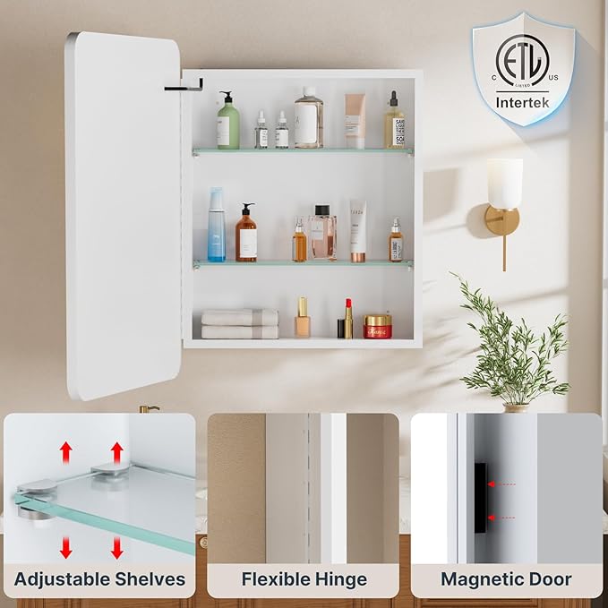 24x30 Inch Medicine Cabinet with Mirror, Recessed or Surface Mount Bathroom Medicine Cabinet with LED Lights, Anti-Fog, Memory Function, Adjustable Shelf, Dimmable Light, ETL Listed, White,Left Hinge