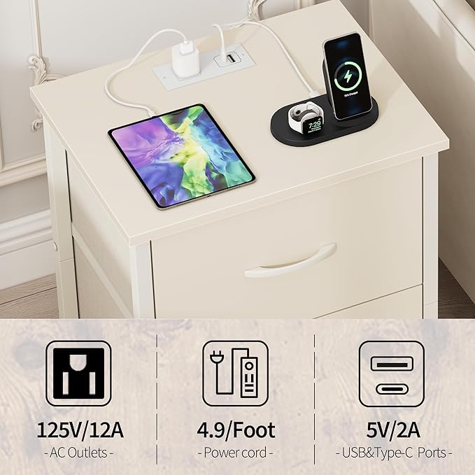 Vagusicc Nightstand with Charging Station, Bedside Table with USB Ports and Outlet, End Table Side Table with 2 Fabric Drawers for Bedroom, Living Room, Beige