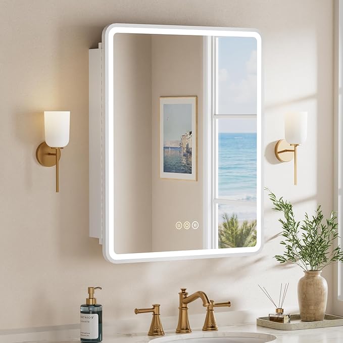 24x30 Inch Medicine Cabinet with Mirror, Recessed or Surface Mount Bathroom Medicine Cabinet with LED Lights, Anti-Fog, Memory Function, Adjustable Shelf, Dimmable Light, ETL Listed, White,Left Hinge