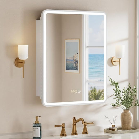 24x30 Inch Medicine Cabinet with Mirror, Recessed or Surface Mount Bathroom Medicine Cabinet with LED Lights, Anti-Fog, Memory Function, Adjustable Shelf, Dimmable Light, ETL Listed, White,Left Hinge