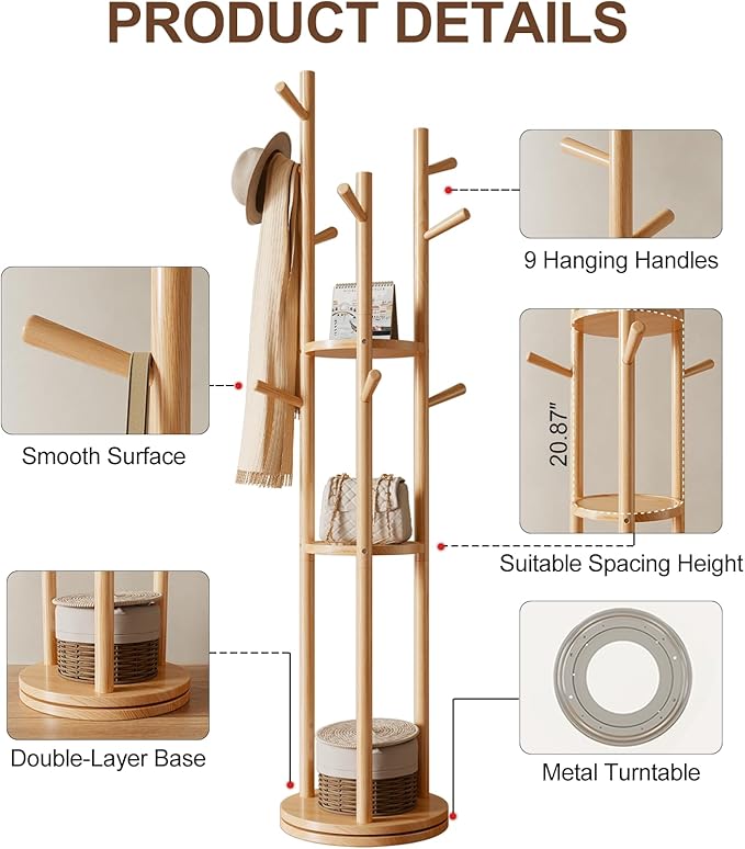 Muwuele Solid Wood Rotary Coat Rack, Freestanding Coat Rack with 3 Shelves and 9 Hooks, Coat tree for Bedroom, Entryway, Livingroom, Coat Hanger Stand for Coats, Scarves, Handbags (Natural)