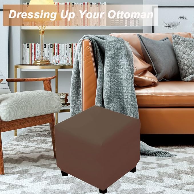Waterproof Ottoman Cover Square Stretch PU Soft Folding Storage Ottoman Cover with Elastic Bottom Cube Footrest Foot Stool Slipcovers Machine Washable(Medium/Dark Coffee)