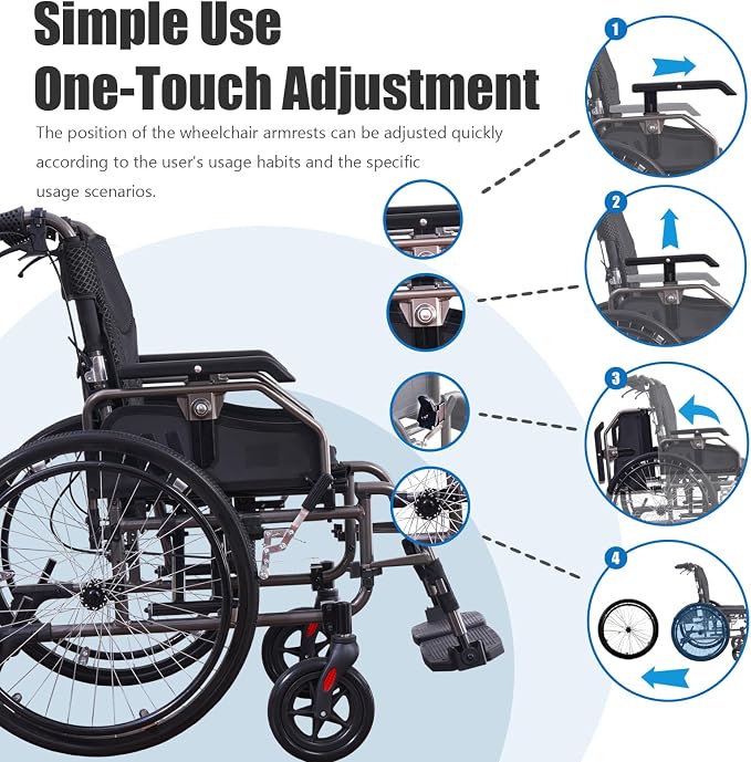 Aluminum Multifunctional Manual Wheelchair for Adults, 24" Quick-Release Wheels, Adjustable Footrests & Armrests, Dual Brakes, 275lbs Capacity, Folding Design (Nano Grey)