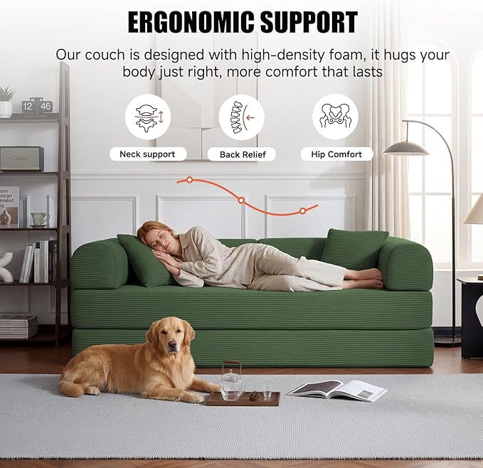 79" Compressed Sofa, Convertible Sofa Bed, Corduroy Compression Boneless Couch with Pillow, Comfy Modular Foldable Floor Sleeper Sofa for Bedroom, Living Room, Lounge, Studio (Olive Green)