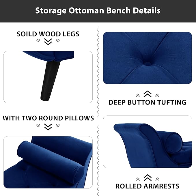 Storage Bench for Bedroom End of Bed, Velvet Upholstered Rolled Armed Button Tufted Sofa Stool Bench, Storage Ottoman Couch Long Bench with Solid Wood Legs (Navy)
