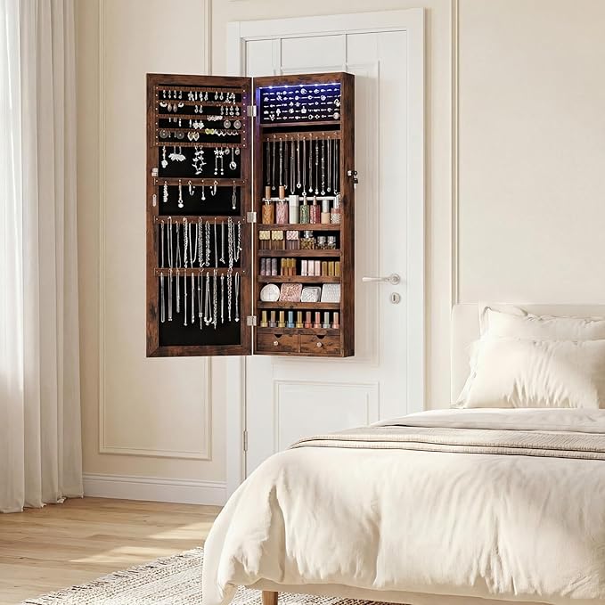 DUMOS Jewelry Armoire Cabinet with Full Length Mirror, 47.2" Wall Mounted or Over the Door Jewelry Organizer with 33 Necklace Hooks, Lockable Large Capacity Jewelry Armoire with Drawers, Rustic Brown