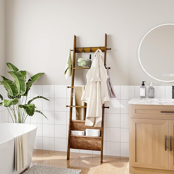 ELYKEN Blanket Ladder for Living Room, 5-Tier Wooden Towel Rack with Synthetic Leather Pocket, 4 Removable Hooks, Decorative Leaning Ladder Shelf for Bedroom, Walnut