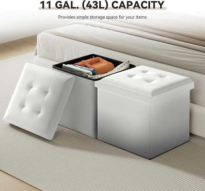Storage Ottoman Bench, 15 Inch Ottoman Foot Rest, End of Bed Bench, Storage Chest for Living Room, Bedroom, Entryway, White