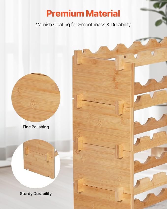 VEVOR 72 Bottle Stackable Modular Wine Rack, 8-Tier, Floor Freestanding Wine Storage Rack, Sturdy Wines Holder Display Shelf, Wobble-Free Shelves, Easy Assembly, for Kitchen, Cellar, and Bar, Natural