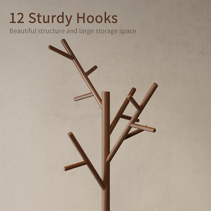 Muwuele Coat Rack, Solid Wood Coat Rack Freestanding With 12 Hooks, Coat Tree Freestanding Heavy Duty 3 Adjustable Heights For Coat, Hats, Handbags, Coat Hanger Stand For Entryway, Bedroom, Walnut