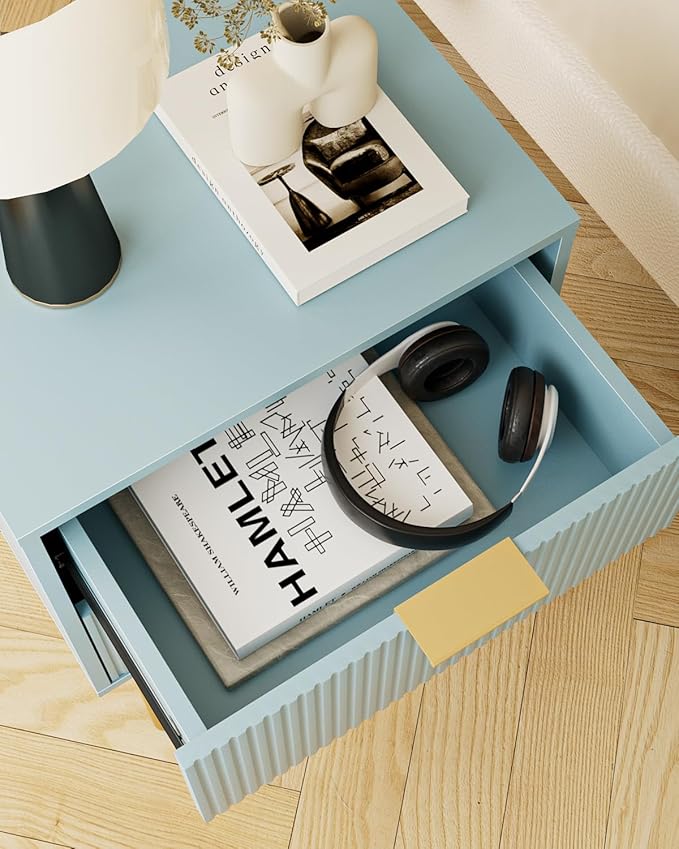 Aienvey Night Stand, Modern Nightstand with Drawers, Bedside Table, Gold Small Side Table for Bedroom, Living Room End Table (Blue Stripe, 2 Drawers)