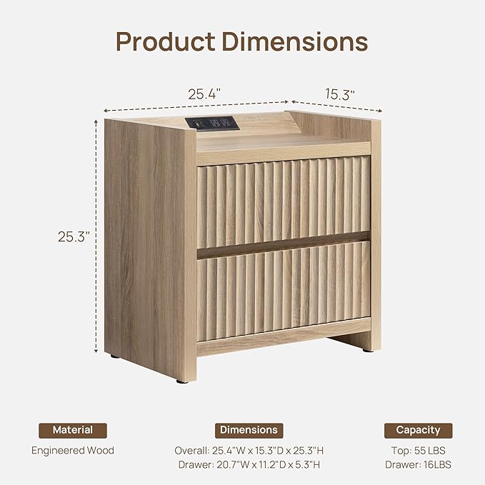 SICOTAS Night Stand Fluted Nightstands with Charging Station- Modern 2 Drawers Nightstand 25" Tall Bedside Table End Table, Large Night Stands for Bedroom, Sofa Side (Light Oak, 1 Piece)