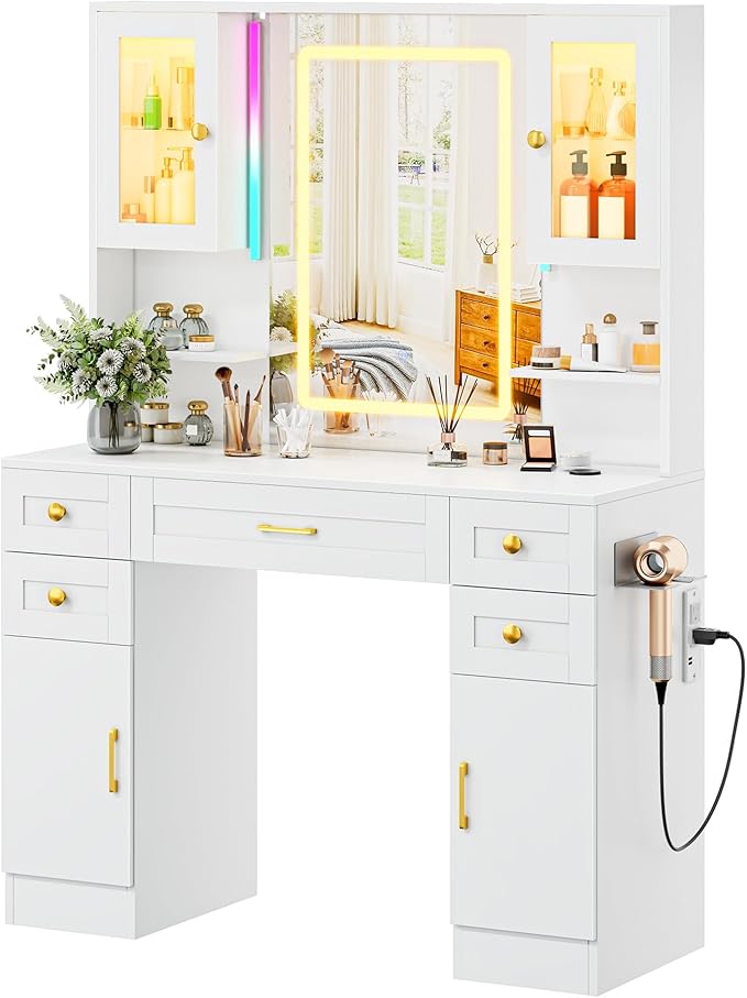 KAMABOKO Vanity Desk with Mirror and Lights, Makeup Vanity Table with Drawers & Shelves, Power Outlet, Dressing Table with Jewelry Storage for Bedroom (049 White)