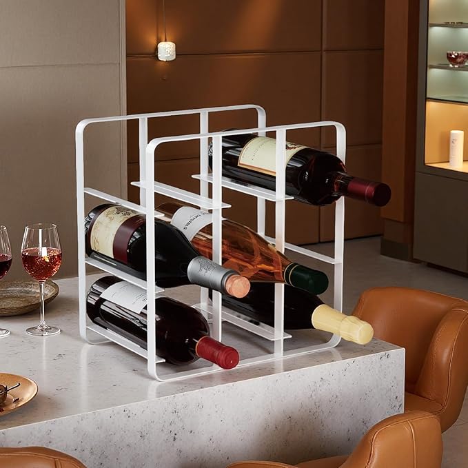 Buruis 9-Bottle Wine Rack, Modern Metal Countertop Wine Holder Stand for Kitchen, Pantry & Cabinet Storage, No Assembly Required, White