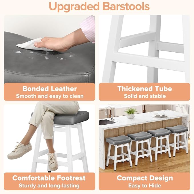 Raynesys Counter Height Bar Stools Set of 3, 24 Inch Barstools for Kitchen Counter, Kitchen Stools with Bonded Leather Saddle Seats & Heavy Duty Metal Legs, Easy Assembly, Gray/White