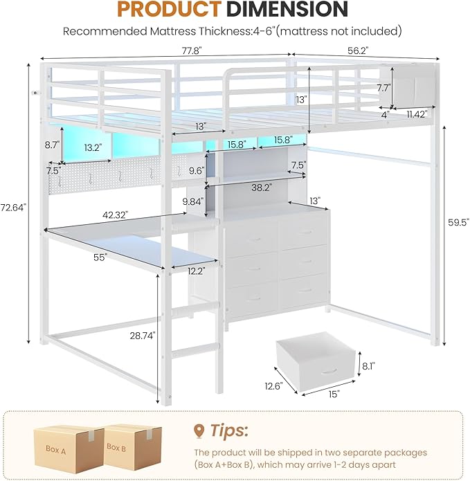 DICTAC Full Loft Bed with L-Shaped Desk,Bookshelf and Charging Station Metal Loft Bed Full Size with 6 Storage Drawers,Open Shelves and Hutch,Teens loft beds with Led Lights and Safety Guardrail,White