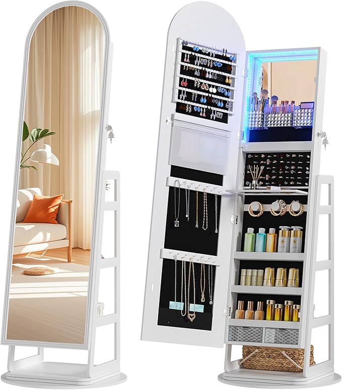 HWB Arched Mirror Jewelry Cabinet with Storage, LED Jewelry Armoire w/Full Length Mirror & 360° Swivel, Standing Jewelry Holder Organizer with Rear Storage Shelves & Hooks, Lockable - White