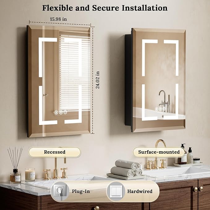 16"X24" Bathroom Medicine Cabinet with Mirror, LED Lighted Medicine Cabinet with Anti-Fog, 3 Colors Temperature Stepless Dimmable, Metal Cabinet for Storage and Mordern Decor, Black