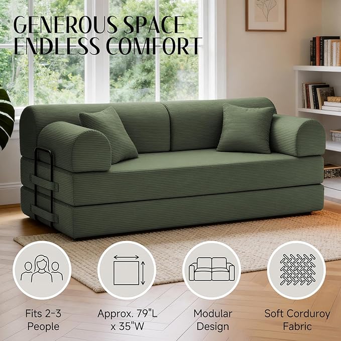 78.8" Convertible Sofa Bed with Detachable Arm Pillow, 6-in-1 Sectional Couches for Living Room, Corduroy Boneless Couch, Sleeper Loveseat Couch Bed, No Assembly, Grayish Green Couch