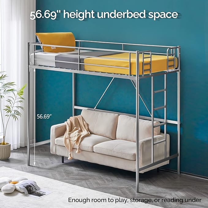 VINGLI Twin Loft Bed with Stairs Flat Steps for Kids, Adults Single Bed Space Saver Metal Loft, No Box Spring Required, Gray