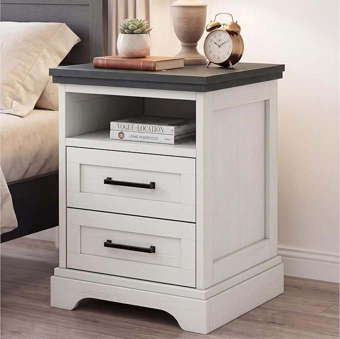 DUMOS Nightstand with Charging Station, Wood Farmhouse Bedside Table with 2 Drawers and Open Shelf, Wood End Table, Modern Side Table for Bedroom, White