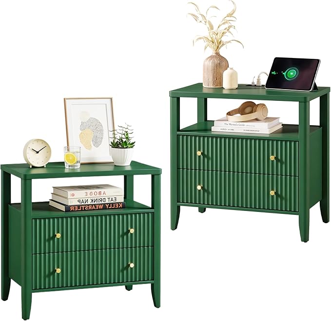 Fluted Nightstand with Charging Station Set of 2, 27.3" Tall Modern Bedside Table with 2 Drawers & Open Shelf, Large Wide Wood End Table with Storage & Metal Handle for Bedroom, Green