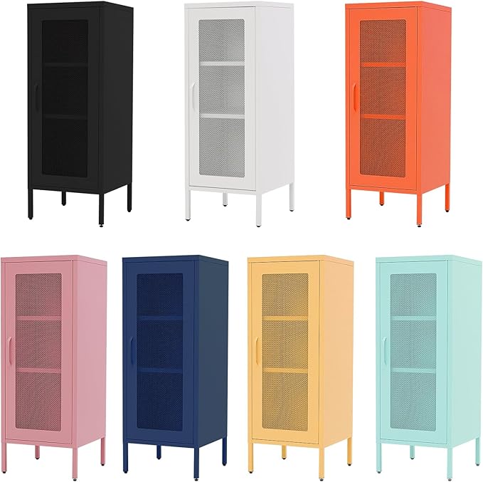 Slim Metal Storage Cabinet with Mesh Doors - 42'' Tall Narrow Organizer Tower, Compact Freestanding Cabinet, Versatile Utility Storage for Home, Office, Kitchen, Living Room, Durable and Modern Design
