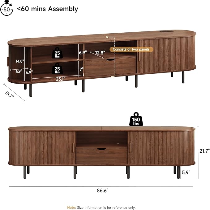 ONBRILL 86.6" TV Stand with Power Outlet for TVs up to 90", Entertainment Center with Storage and Drawer, TV Console with Adjustable Shelves and Sliding Door, TV Stand for Living Room, Bedroom, Walnut