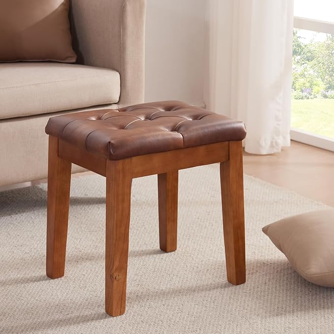 Upholstered Ottoman Stool with Padded Seat, Tufted Vanity Stool with Solid Wood Legs, Accent Stools, Faux Leather Retro Brown