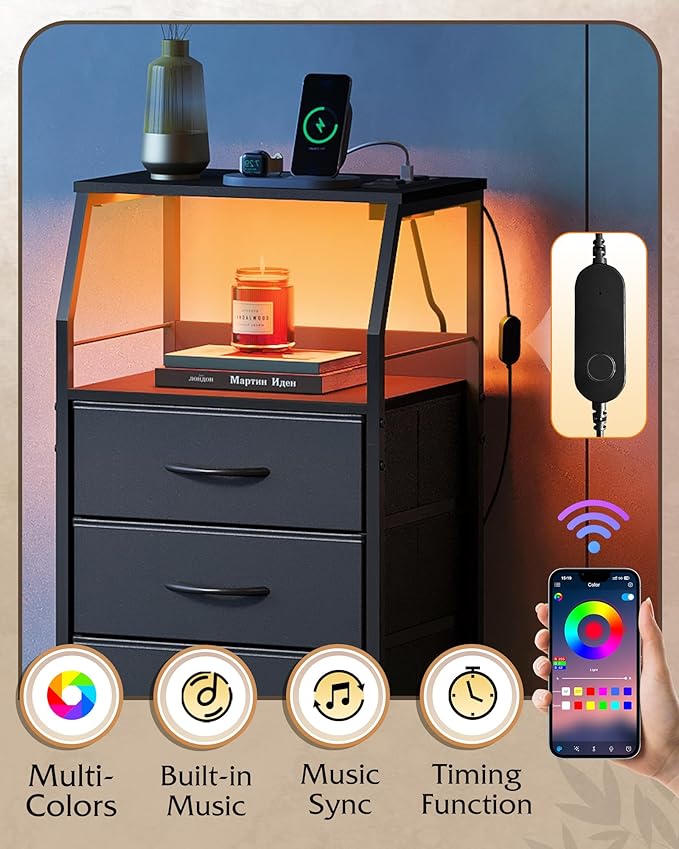 WLIVE LED Nightstand with Charging Station, Fabric Dresser with 5 Drawers for Bedroom, Tall Night Stand with Open Shelves, Bed Side Tables Living Room, Black