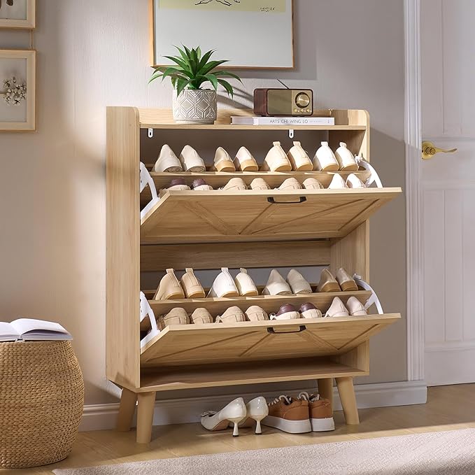LEYAOYAO Shoe Cabinet Storage for Entryway with 2 Flip Drawers Rack Narrow Organizer Slim Hidden Wood Shoe Cabinet Furniture Natural