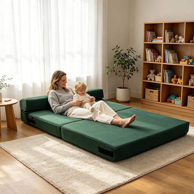 ANONER Fold Out Couch Bed Memory Foam Sleeper Chair with 2 Pillows, Queen Size Futon Couch Guest Convertible Chair Bed, Washable Cover, Dark Green