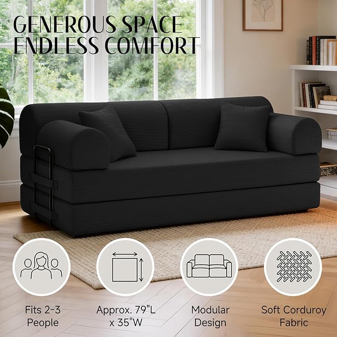 78.8" Convertible Sofa Bed with Detachable Arm Pillow, 6-in-1 Sectional Couches for Living Room, Corduroy Boneless Couch, Sleeper Loveseat Couch Bed, No Assembly, Black Couch