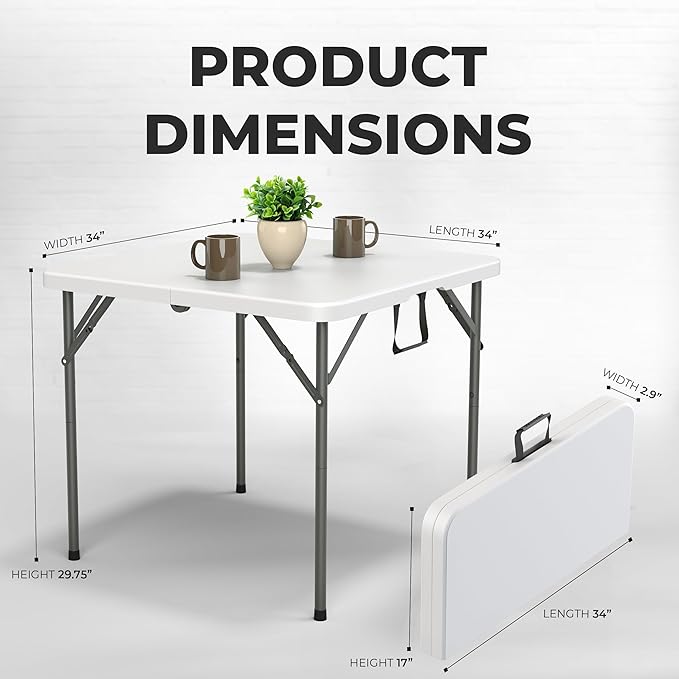 Our Modern Space 34" Square Foldable Table with Built in Handle & Steel Legs | Heavy Duty Portable | Perfect for Party, Dining, Wedding, Events, Picnic Indoor, Outdoor, Camping, Utility, Temporary