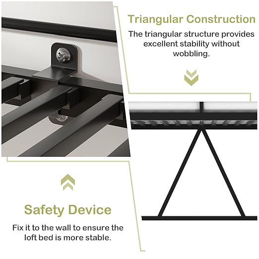 VECELO Metal Loft Bed Twin Size, Heavy Duty Bedframe with Removable Ladder and Safety Guardrail, Space-Saving, Noise Free, No Box Spring Needed, Matte Black