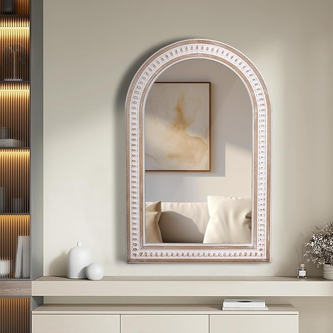 36x24 Inch Rustic Farmhouse Arched Wall Mirror with Beaded, Boho Decorative Arch Mirror for Bathroom Over Sink, Living Room, Entryway, Hallway