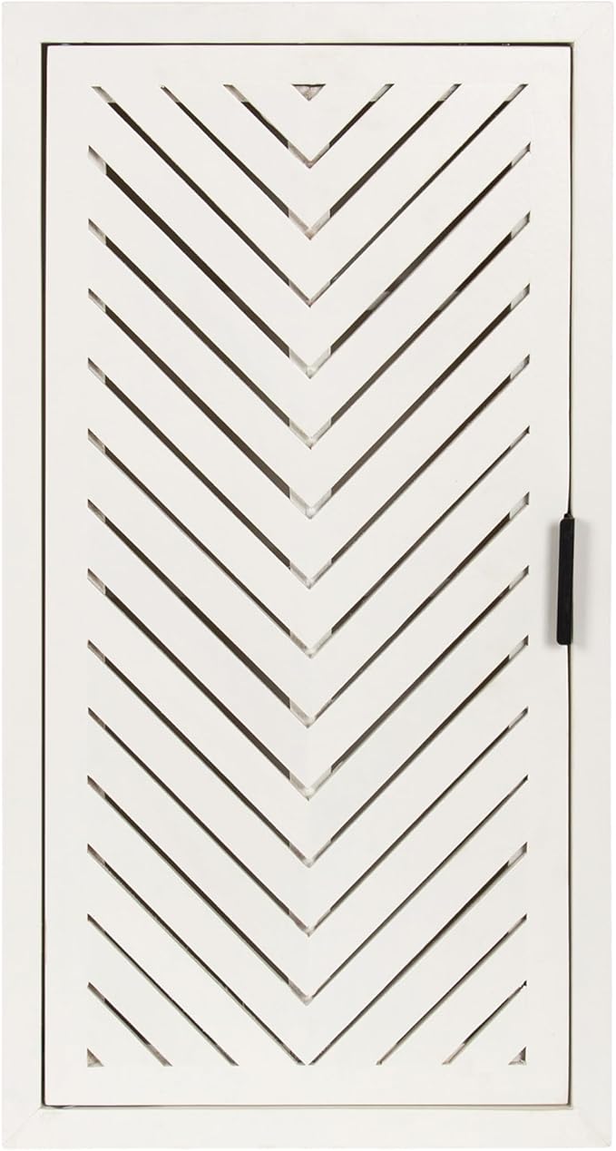 Kate and Laurel Mezzeta Decorative Modern One-Door Floating Bathroom Cabinet, 15 x 7 x 28, White, Decorative Over Toilet Storage Cabinet Made from Solid Mango Wood with Slatted Chevron Design