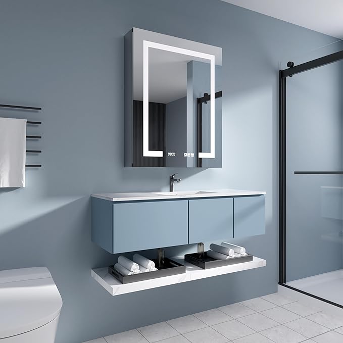 LED Medicine Cabinet Mirror, 24x30 Inch Bathroom Storage, Recessed/Wall Mount, Plug-in/Hardwired, 3 Color Dimmable Light, Anti-Fog, Time Temp Display, Right Hinge