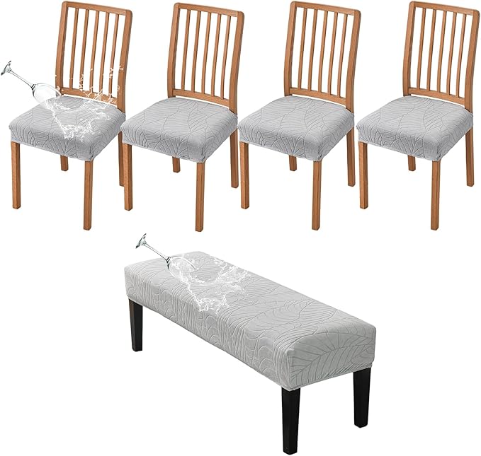 CRFATOP Waterproof Dining Room Chairs Seat Covers Set of 4 with Stretch Bench Slipcover Jacquard Kitchen Chair Slipcover Washable Seat Cushion Slipcover for Hotel Banquet Wedding Party, Light Grey