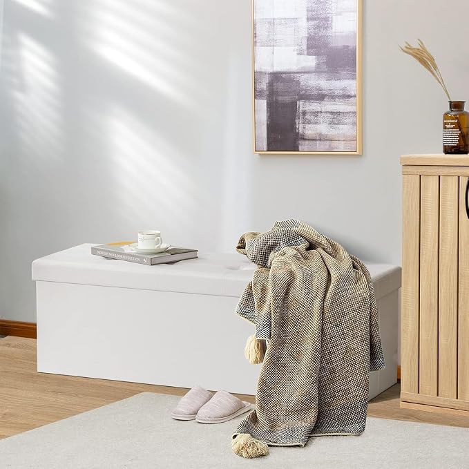 Folding Storage Ottoman Bench, 45" Large Ottoman Space-Saving Bench,Faux Leather Storage Chest with Memory Foam,Footrest Padded Stool Seat for Bedroom Toy Chest, White,Leather