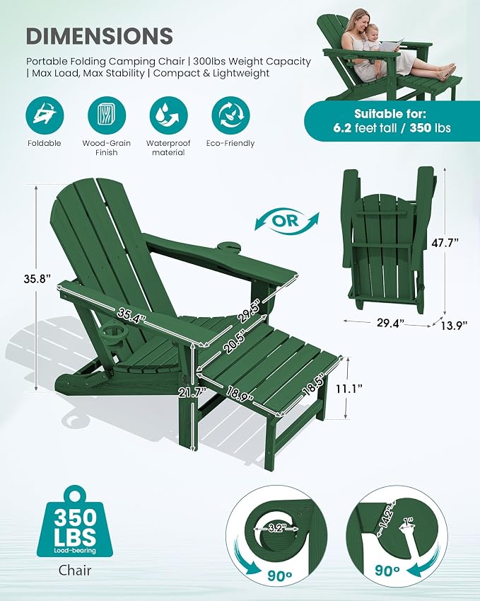 SERWALL Folding Adjustable Adirondack Chairs with Footrest Set of 4, HDPE Outdoor Chair with Dual Cup Holders, All Weather Adirondack Chair with Ottoman, Green