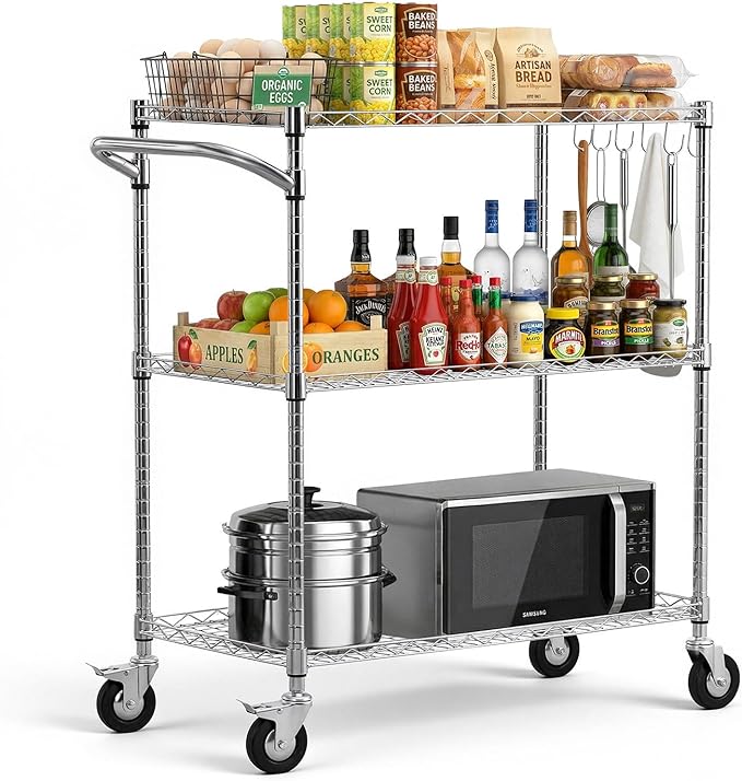 VEVOR Kitchen Utility Cart, 3 Tier Heavy Duty Adjustable Wire Storage Rack, Commercial Steel Rolling Service Trolley on Wheels, Work Table with Handle Bar, for Garage and Laundry Room, 35x17.8x40.9 in