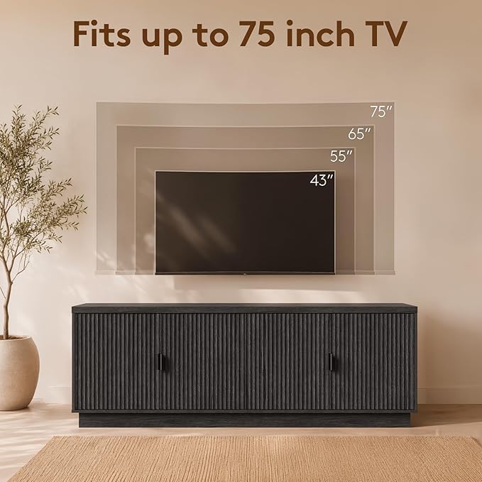 Fatmok Fluted TV Stand for up to 75" TVs, 68" Entertainment Center with 4 Doors, Modern Media Console with Adjustable Shelves & Storage Cabinets, Black and Grey